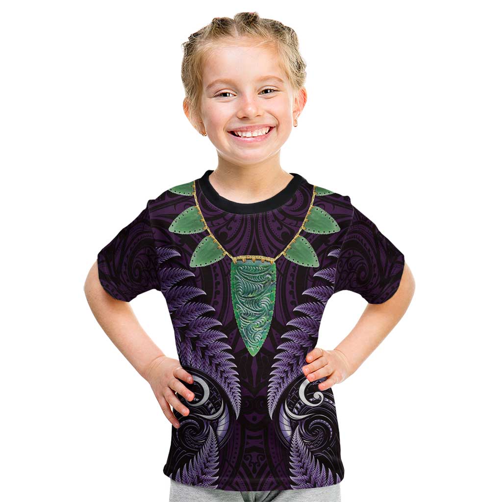 Aotearoa Pounamu Niho Kid T Shirt Silver Fern Mix Maori Pattern - Purple LT14 Purple - Polynesian Pride