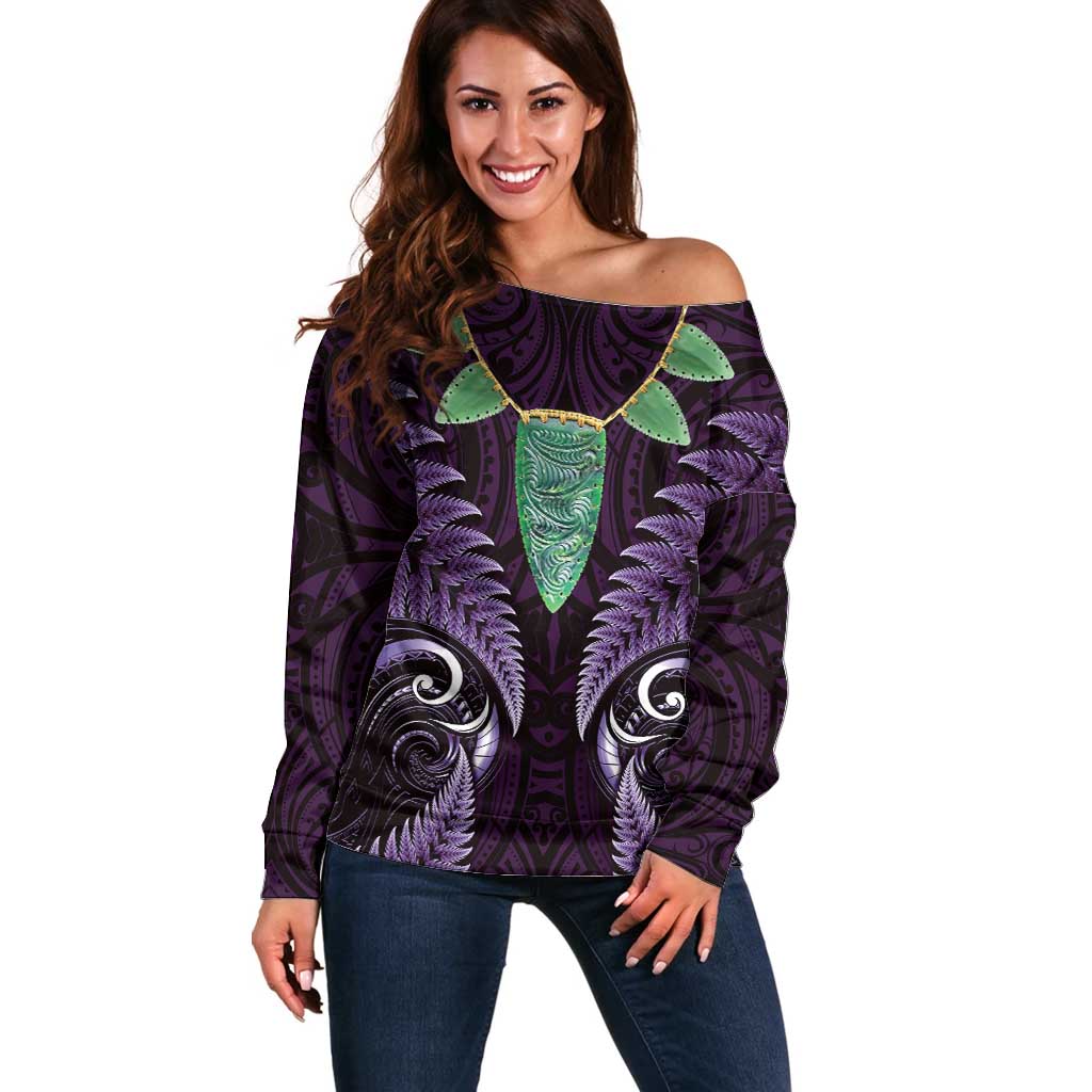 Aotearoa Pounamu Niho Off Shoulder Sweater Silver Fern Mix Maori Pattern - Purple LT14 Women Purple - Polynesian Pride