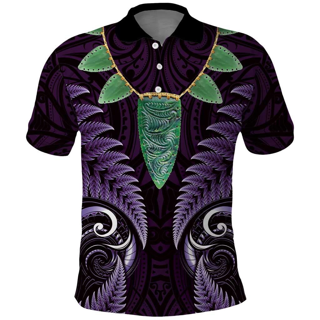 Aotearoa Pounamu Niho Polo Shirt Silver Fern Mix Maori Pattern - Purple