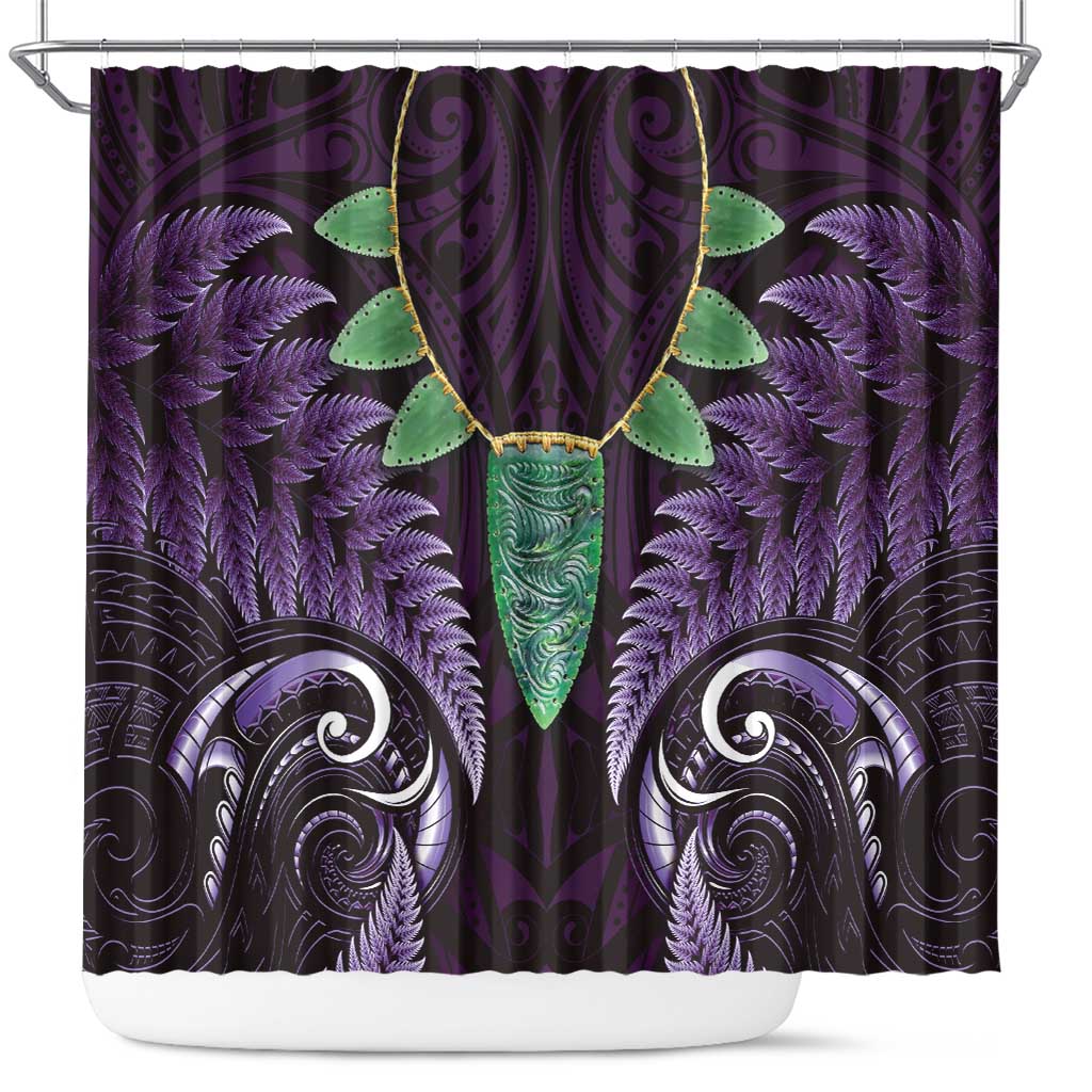 Aotearoa Pounamu Niho Shower Curtain Silver Fern Mix Maori Pattern - Purple