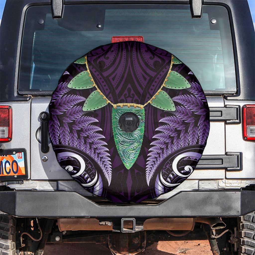 Aotearoa Pounamu Niho Spare Tire Cover Silver Fern Mix Maori Pattern - Purple