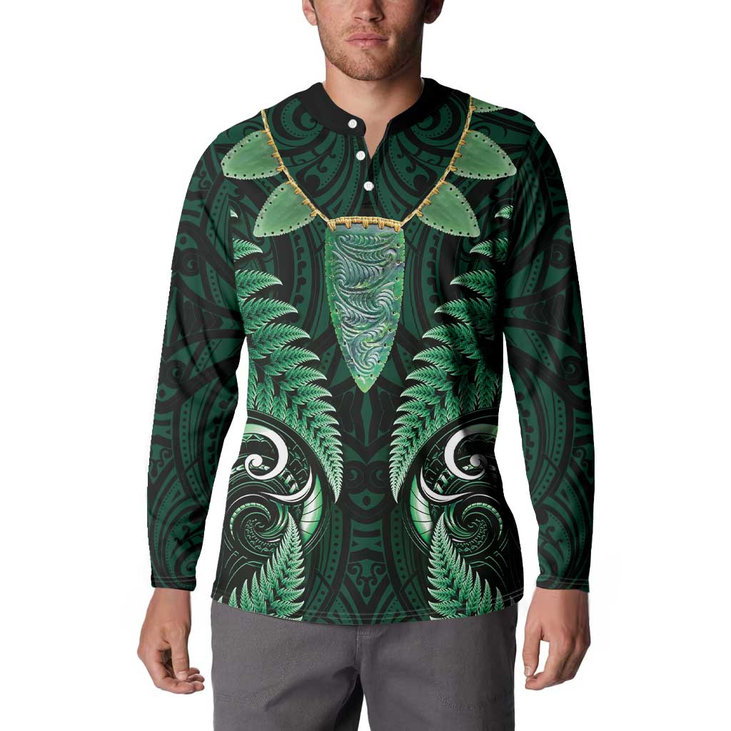 Aotearoa Pounamu Niho Button Sweatshirt Silver Fern Mix Maori Pattern - Green LT14 - Polynesian Pride