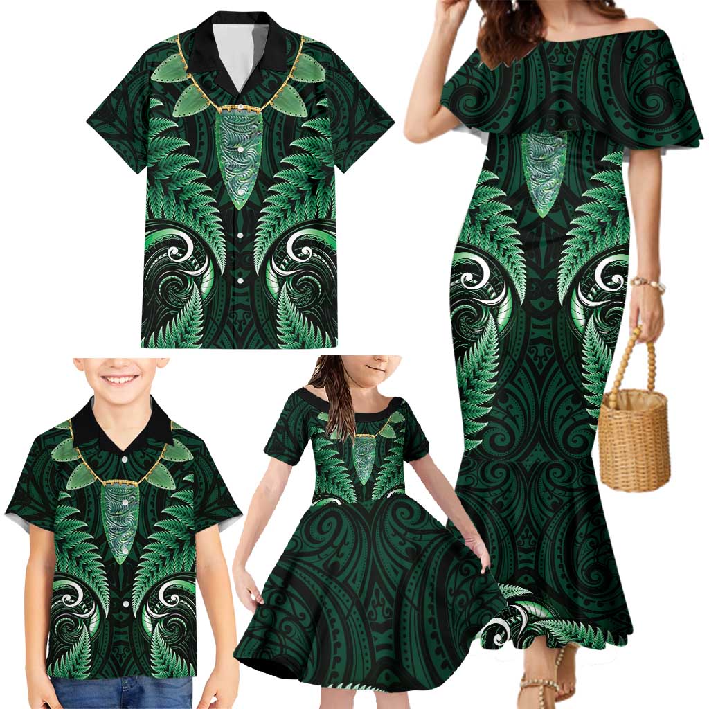 Aotearoa Pounamu Niho Family Matching Mermaid Dress and Hawaiian Shirt Silver Fern Mix Maori Pattern - Green