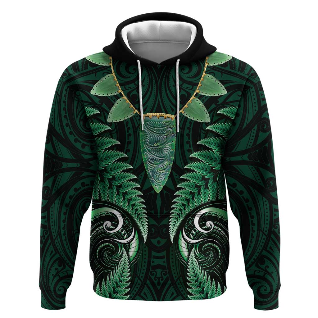 Aotearoa Pounamu Niho Hoodie Silver Fern Mix Maori Pattern - Green