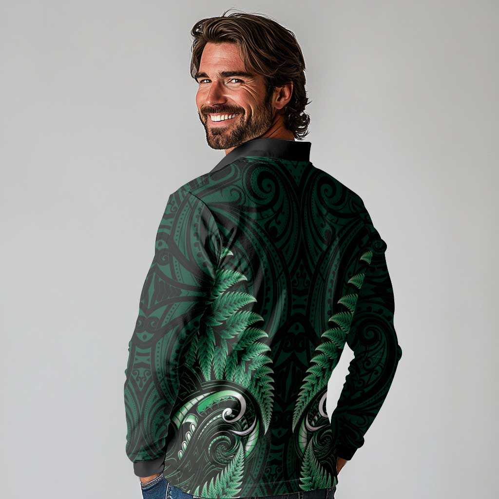 Aotearoa Pounamu Niho Long Sleeve Polo Shirt Silver Fern Mix Maori Pattern - Green LT14 - Polynesian Pride