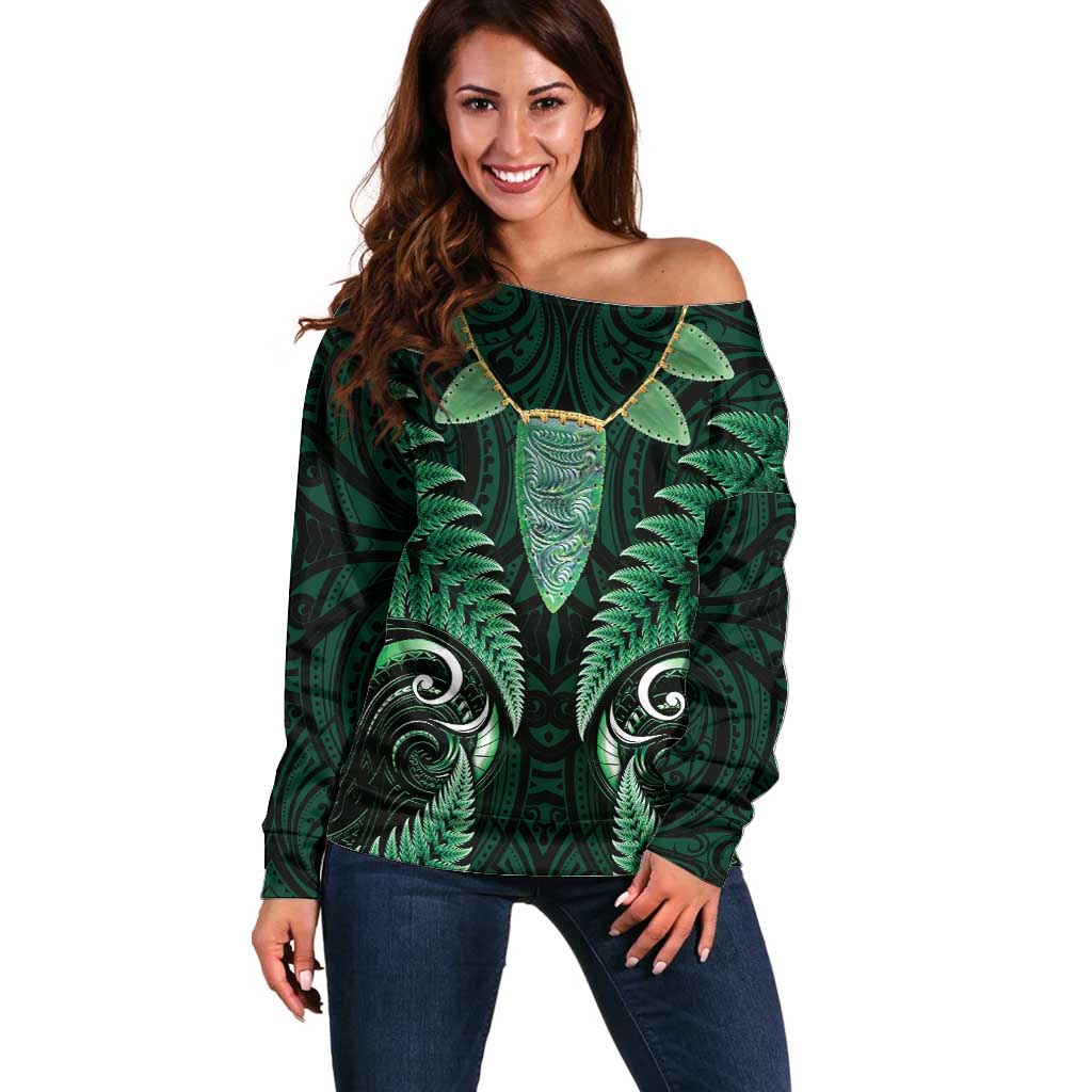 Aotearoa Pounamu Niho Off Shoulder Sweater Silver Fern Mix Maori Pattern - Green LT14 Women Green - Polynesian Pride