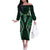 Aotearoa Pounamu Niho Off The Shoulder Long Sleeve Dress Silver Fern Mix Maori Pattern - Green