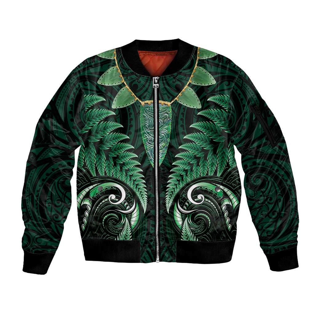 Aotearoa Pounamu Niho Sleeve Zip Bomber Jacket Silver Fern Mix Maori Pattern - Green LT14 Unisex Green - Polynesian Pride
