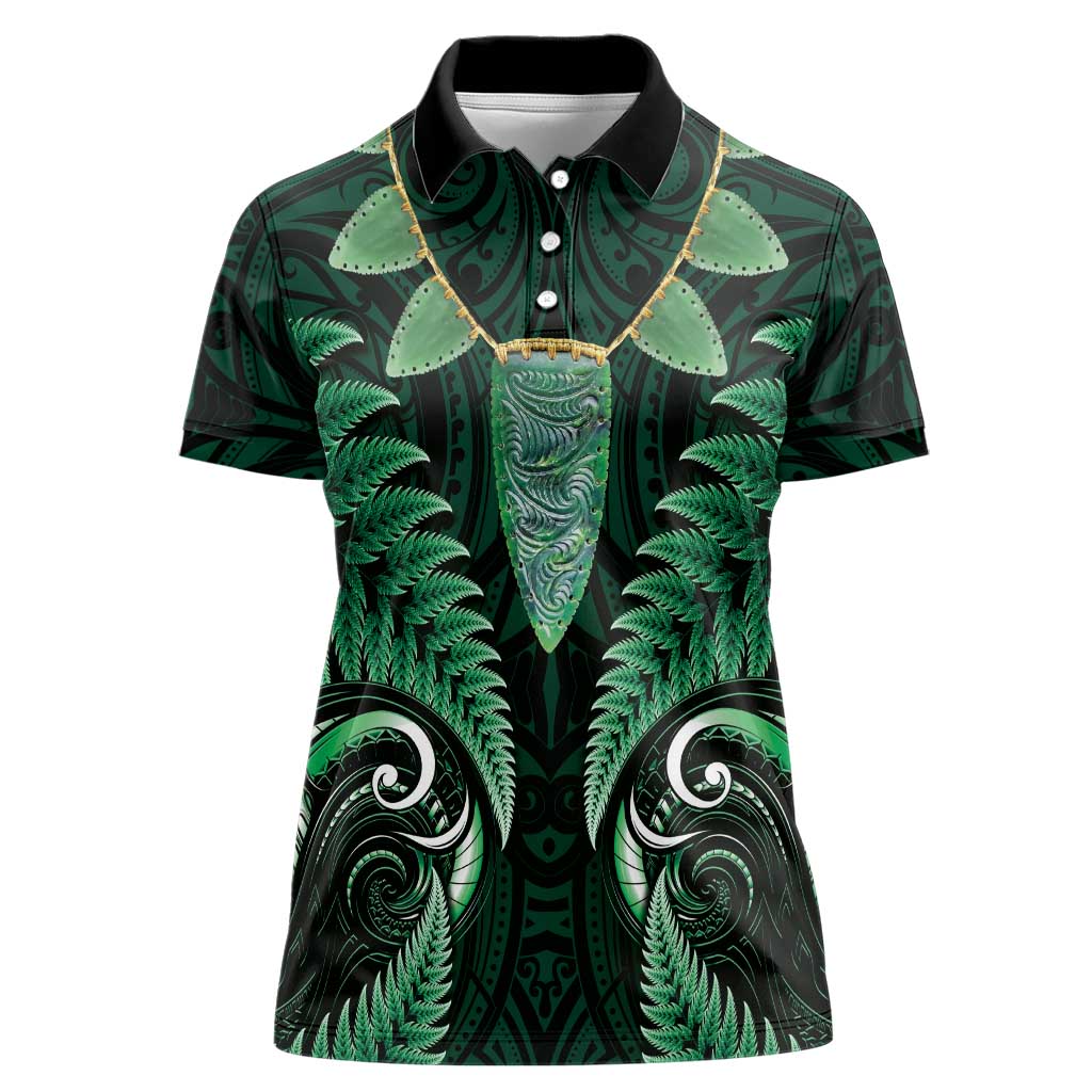 Aotearoa Pounamu Niho Women Polo Shirt Silver Fern Mix Maori Pattern - Green