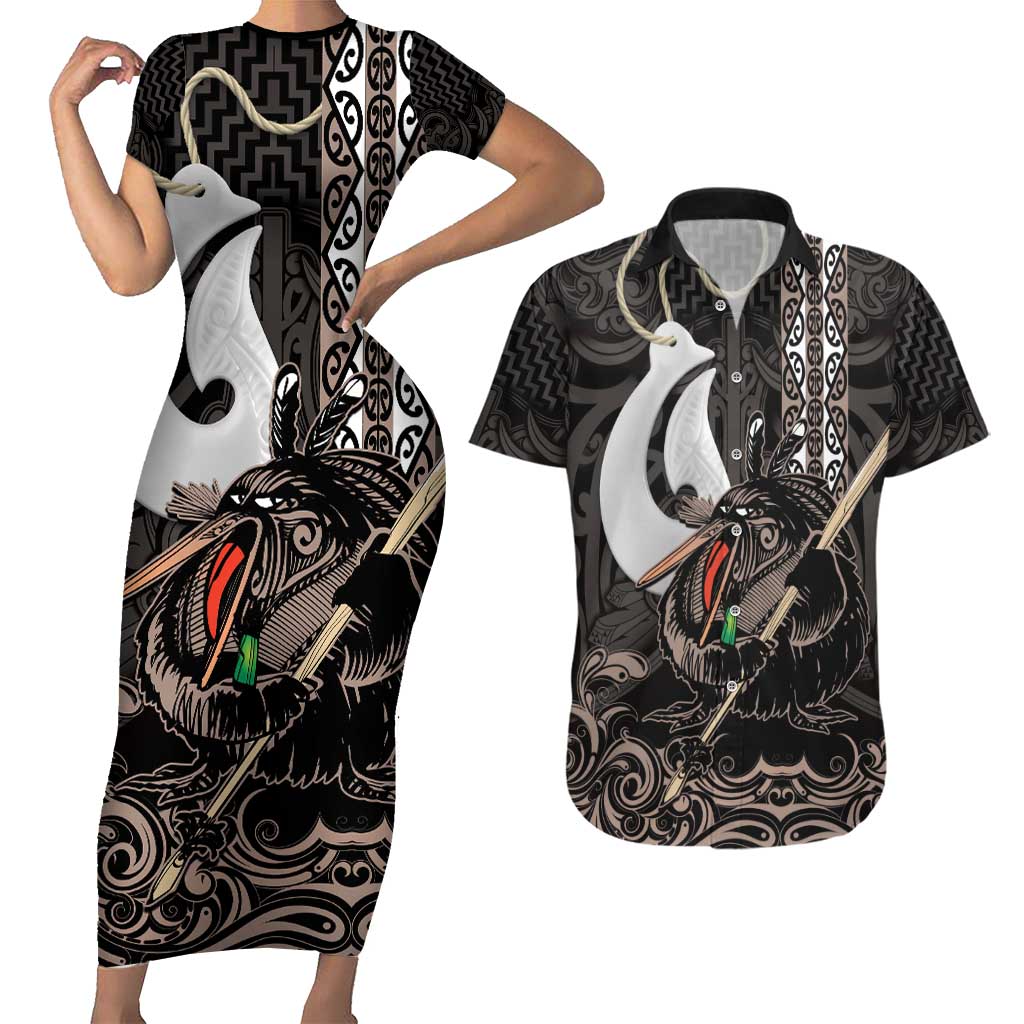 Aotearoa Hei Matau Couples Matching Short Sleeve Bodycon Dress and Hawaiian Shirt Haka Kiwi Mix Maori Mangopare