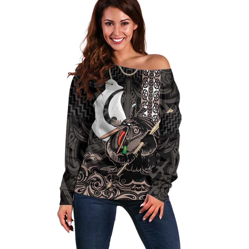 Aotearoa Hei Matau Off Shoulder Sweater Haka Kiwi Mix Maori Mangopare LT14 Women Black - Polynesian Pride