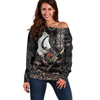 Aotearoa Hei Matau Off Shoulder Sweater Haka Kiwi Mix Maori Mangopare LT14 Women Black - Polynesian Pride