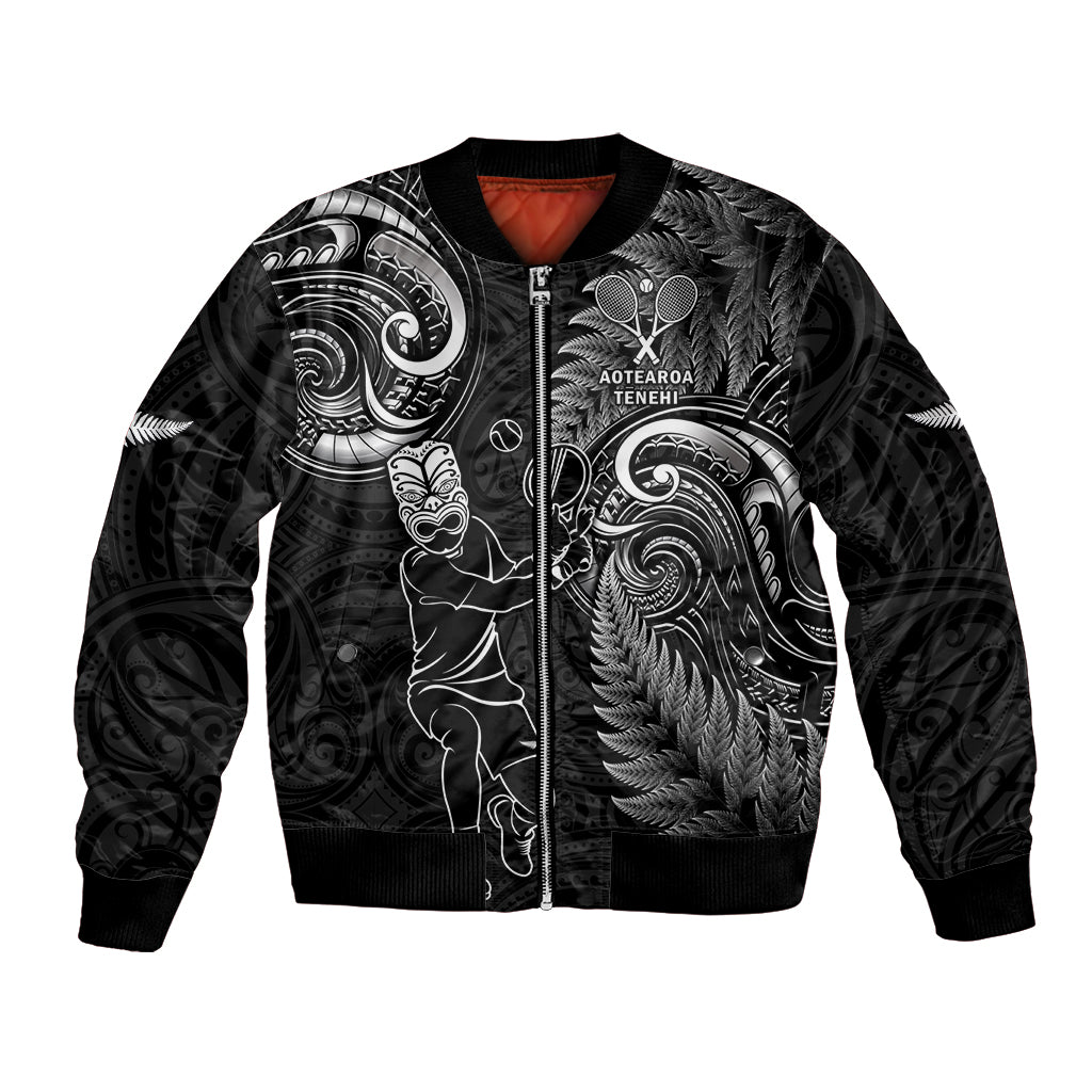 New Zealand Tiki Tennis Bomber Jacket 2024 Aotearoa Tenehi Maori Silver Fern - Black LT14 Unisex Black - Polynesian Pride