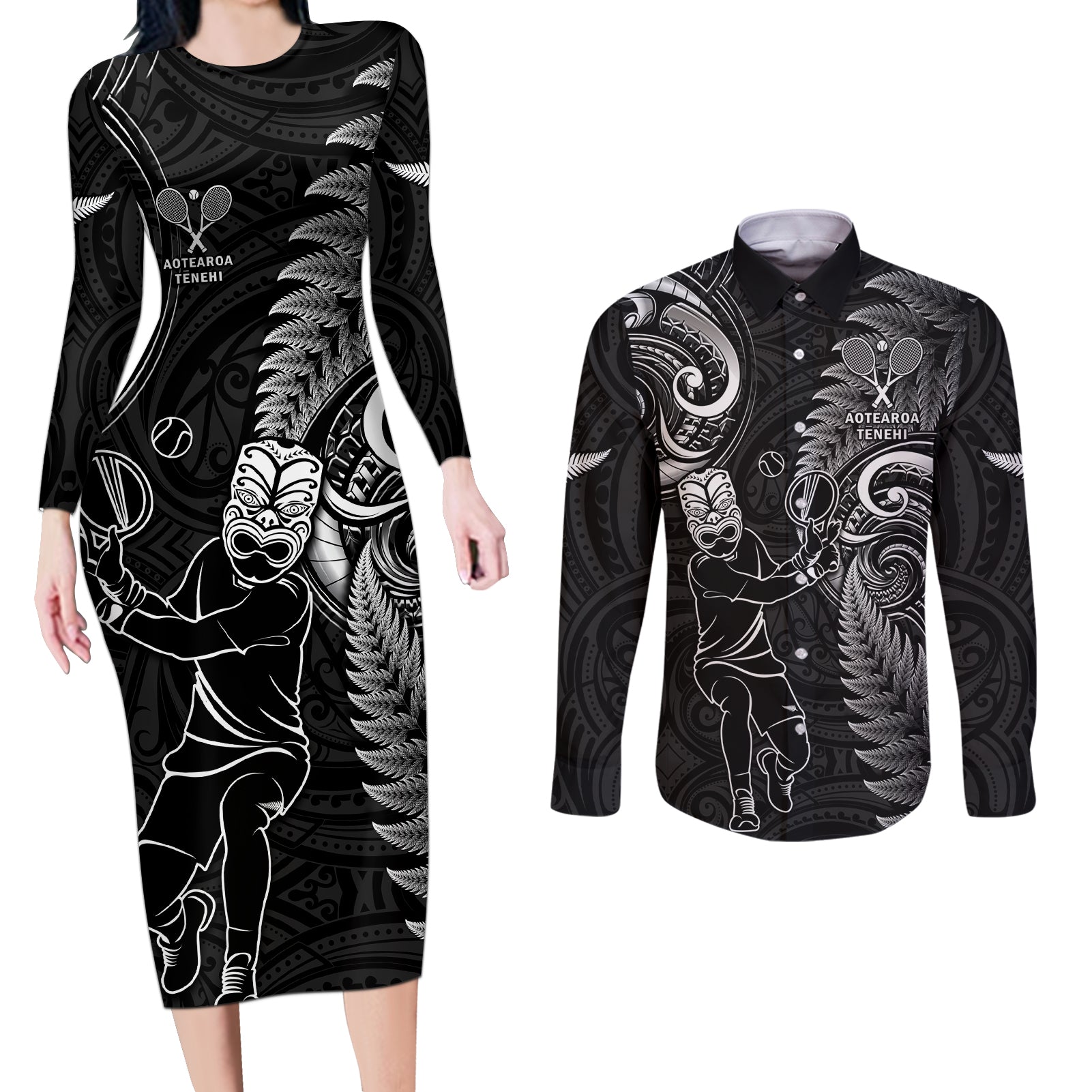 New Zealand Tiki Tennis Couples Matching Long Sleeve Bodycon Dress and Long Sleeve Button Shirt 2024 Aotearoa Tenehi Maori Silver Fern - Black LT14 Black - Polynesian Pride