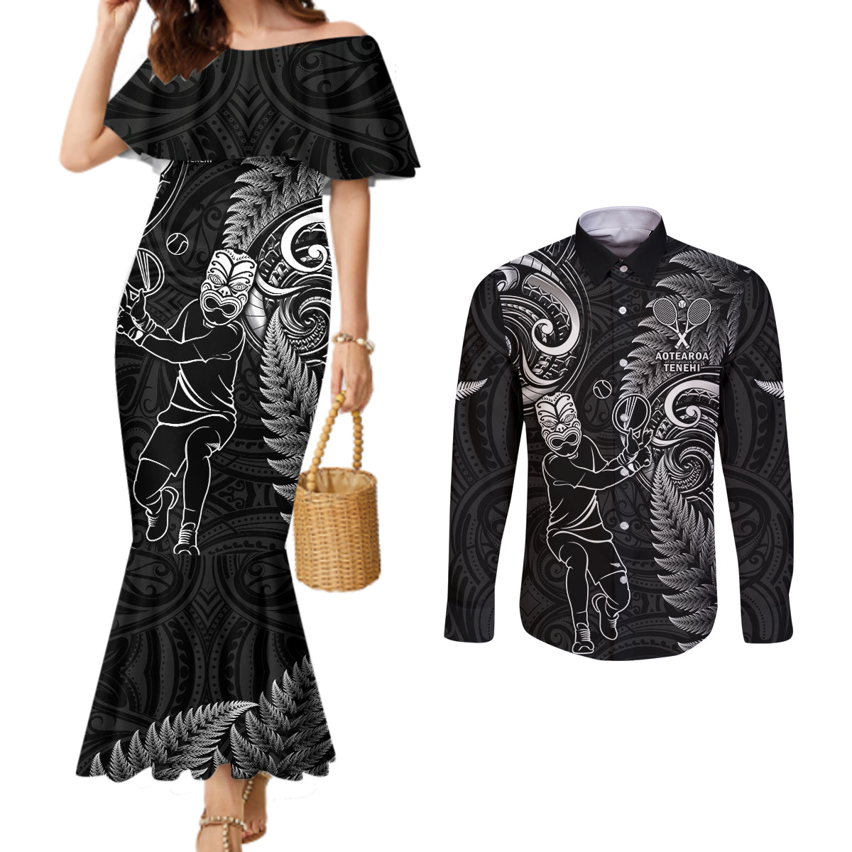 New Zealand Tiki Tennis Couples Matching Mermaid Dress and Long Sleeve Button Shirt 2024 Aotearoa Tenehi Maori Silver Fern - Black LT14 Black - Polynesian Pride