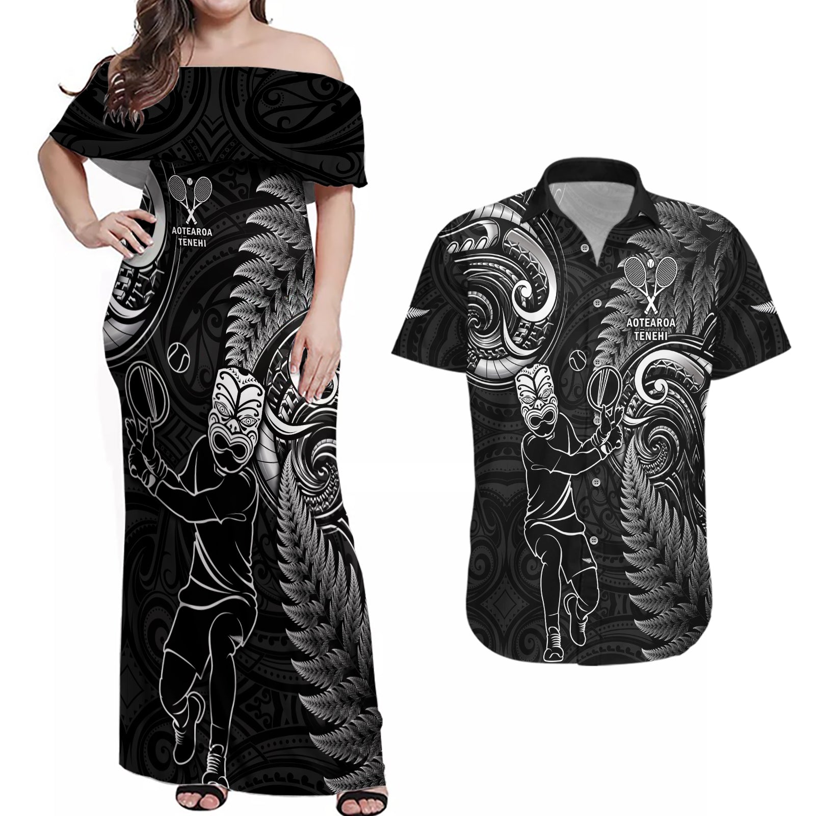 New Zealand Tiki Tennis Couples Matching Off Shoulder Maxi Dress and Hawaiian Shirt 2024 Aotearoa Tenehi Maori Silver Fern - Black LT14 Black - Polynesian Pride