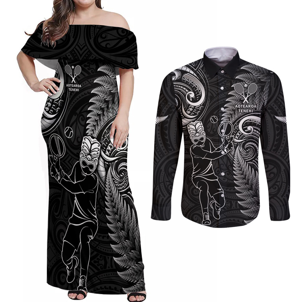 New Zealand Tiki Tennis Couples Matching Off Shoulder Maxi Dress and Long Sleeve Button Shirt 2024 Aotearoa Tenehi Maori Silver Fern - Black LT14 Black - Polynesian Pride