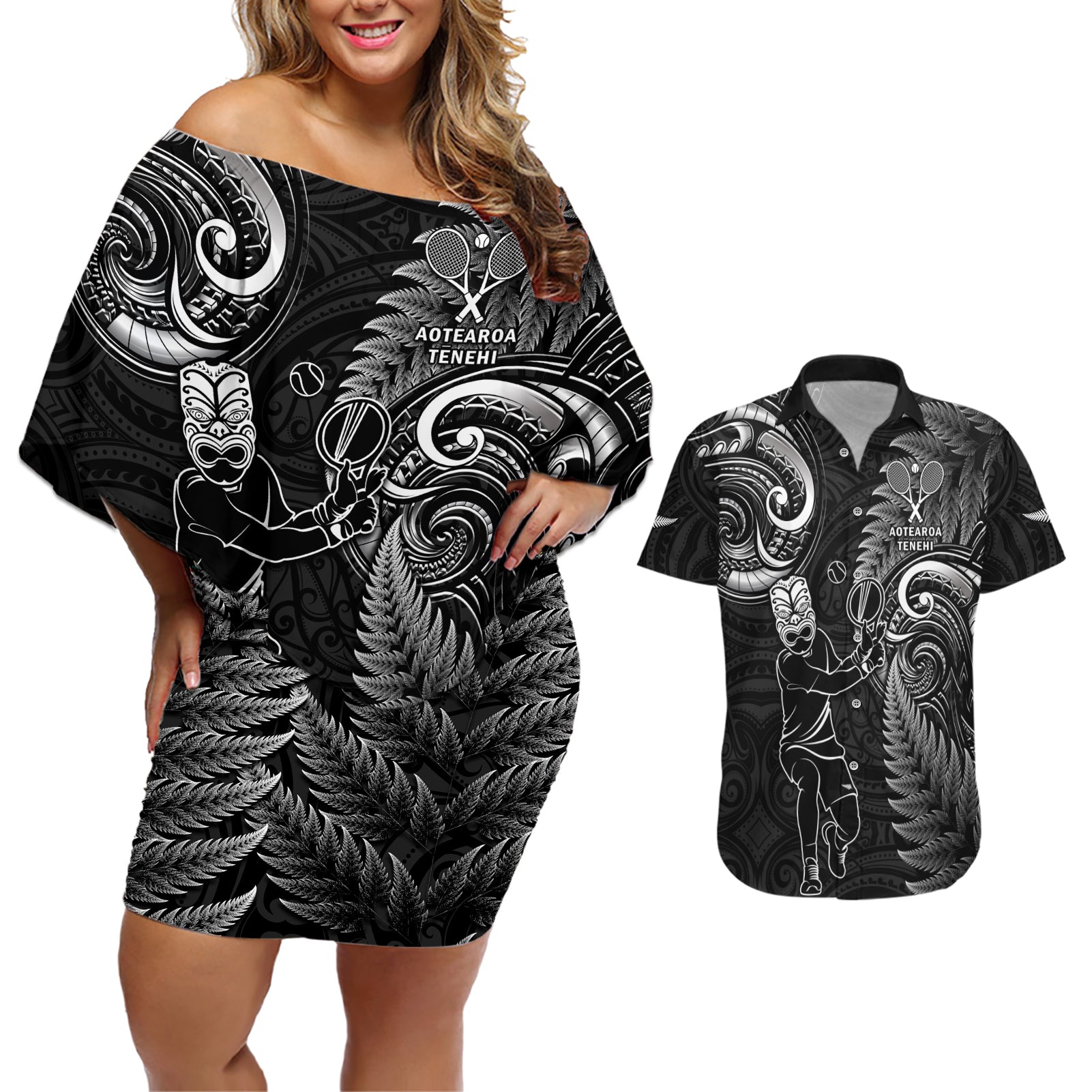 New Zealand Tiki Tennis Couples Matching Off Shoulder Short Dress and Hawaiian Shirt 2024 Aotearoa Tenehi Maori Silver Fern - Black LT14 Black - Polynesian Pride