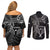 New Zealand Tiki Tennis Couples Matching Off Shoulder Short Dress and Long Sleeve Button Shirt 2024 Aotearoa Tenehi Maori Silver Fern - Black LT14 - Polynesian Pride