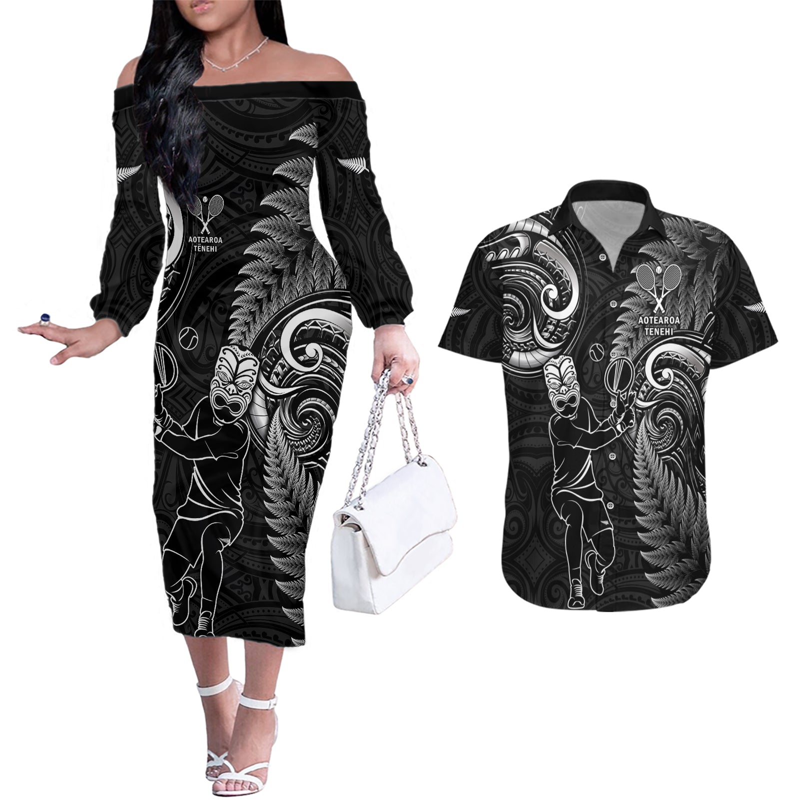 New Zealand Tiki Tennis Couples Matching Off The Shoulder Long Sleeve Dress and Hawaiian Shirt 2024 Aotearoa Tenehi Maori Silver Fern - Black LT14 Black - Polynesian Pride