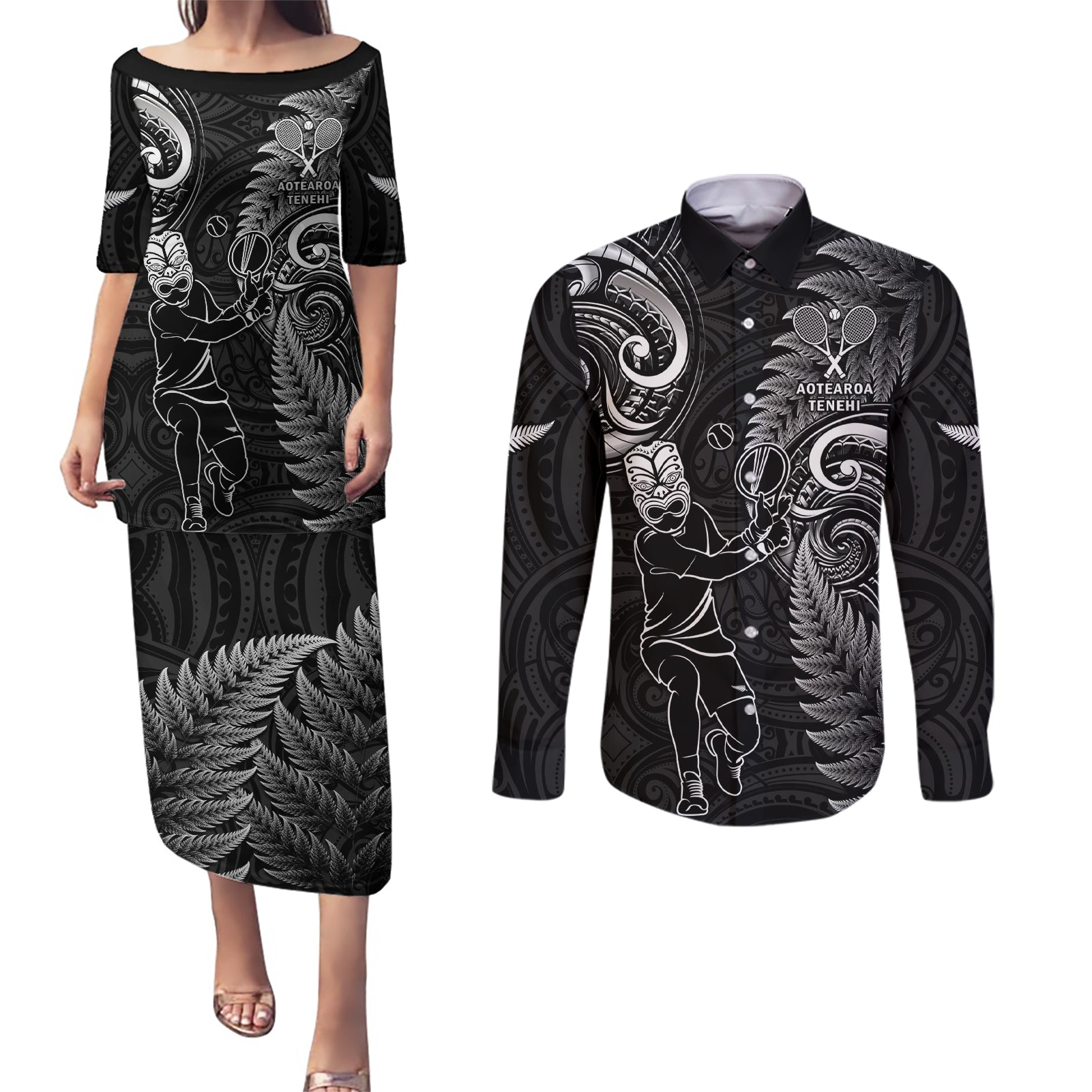 New Zealand Tiki Tennis Couples Matching Puletasi and Long Sleeve Button Shirt 2024 Aotearoa Tenehi Maori Silver Fern - Black LT14 Black - Polynesian Pride