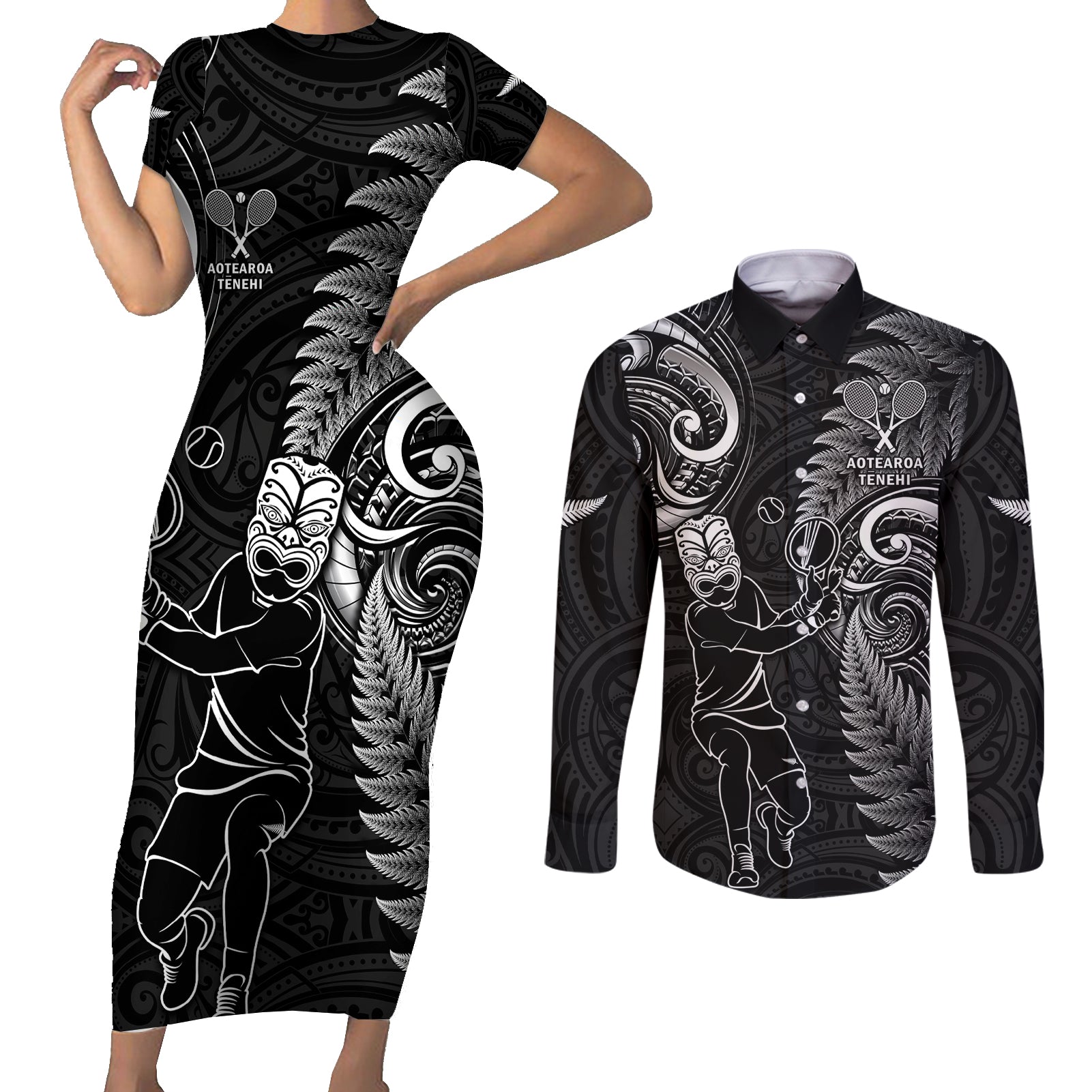 New Zealand Tiki Tennis Couples Matching Short Sleeve Bodycon Dress and Long Sleeve Button Shirt 2024 Aotearoa Tenehi Maori Silver Fern - Black LT14 Black - Polynesian Pride