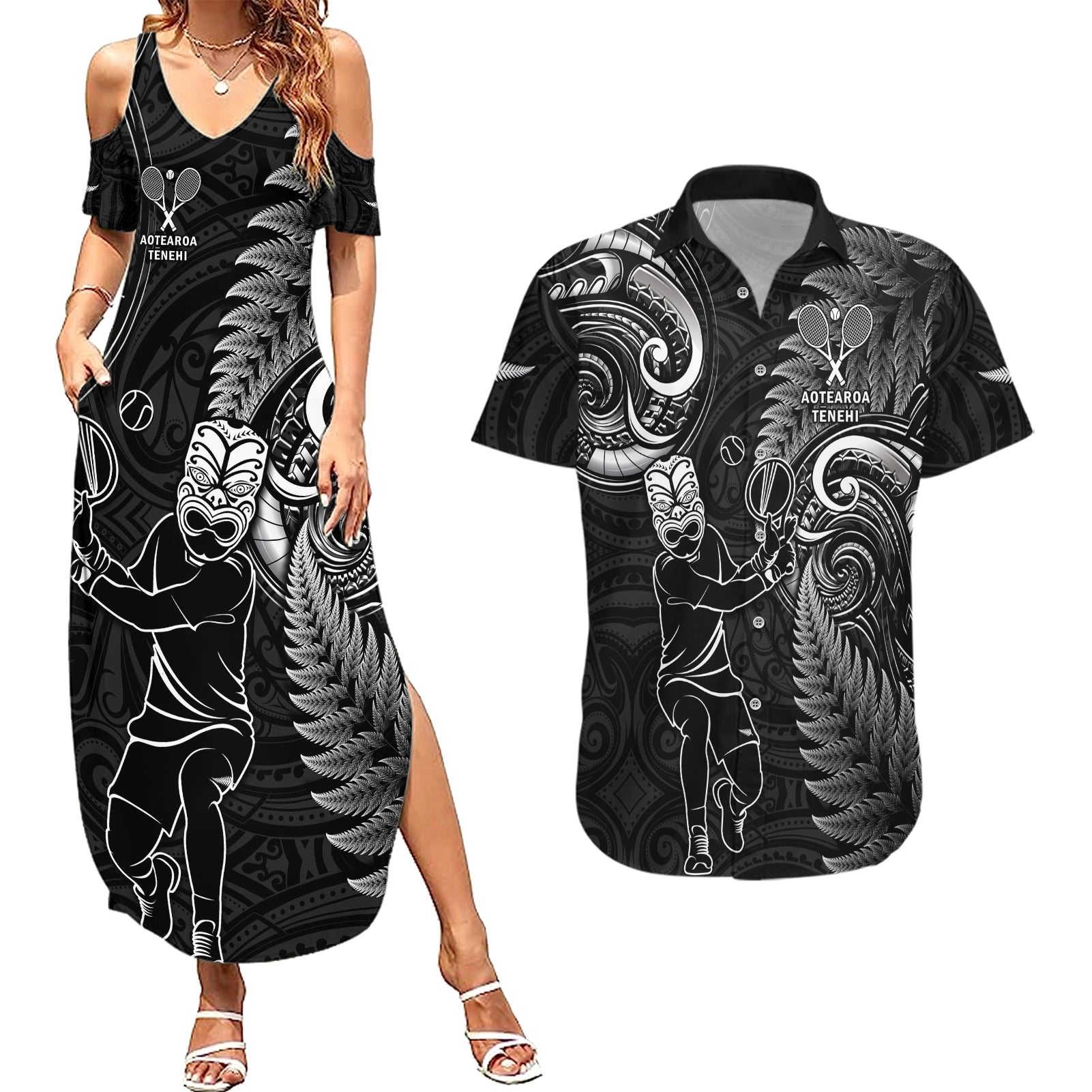 New Zealand Tiki Tennis Couples Matching Summer Maxi Dress and Hawaiian Shirt 2024 Aotearoa Tenehi Maori Silver Fern - Black LT14 Black - Polynesian Pride