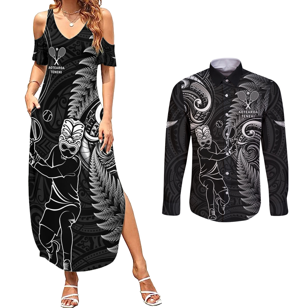 New Zealand Tiki Tennis Couples Matching Summer Maxi Dress and Long Sleeve Button Shirt 2024 Aotearoa Tenehi Maori Silver Fern - Black LT14 Black - Polynesian Pride