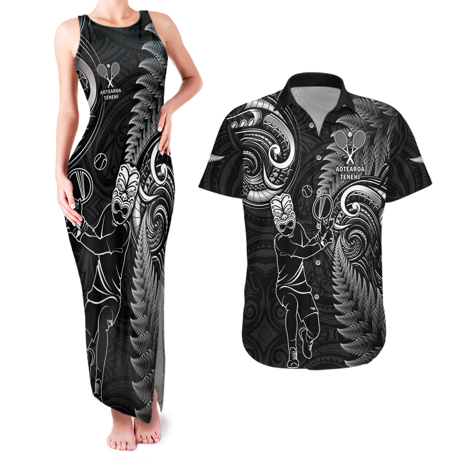 New Zealand Tiki Tennis Couples Matching Tank Maxi Dress and Hawaiian Shirt 2024 Aotearoa Tenehi Maori Silver Fern - Black LT14 Black - Polynesian Pride