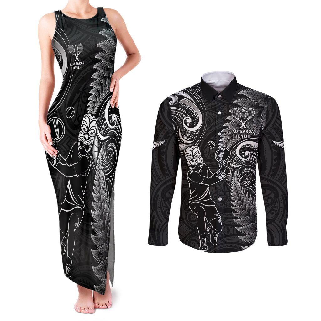 New Zealand Tiki Tennis Couples Matching Tank Maxi Dress and Long Sleeve Button Shirt 2024 Aotearoa Tenehi Maori Silver Fern - Black LT14 Black - Polynesian Pride