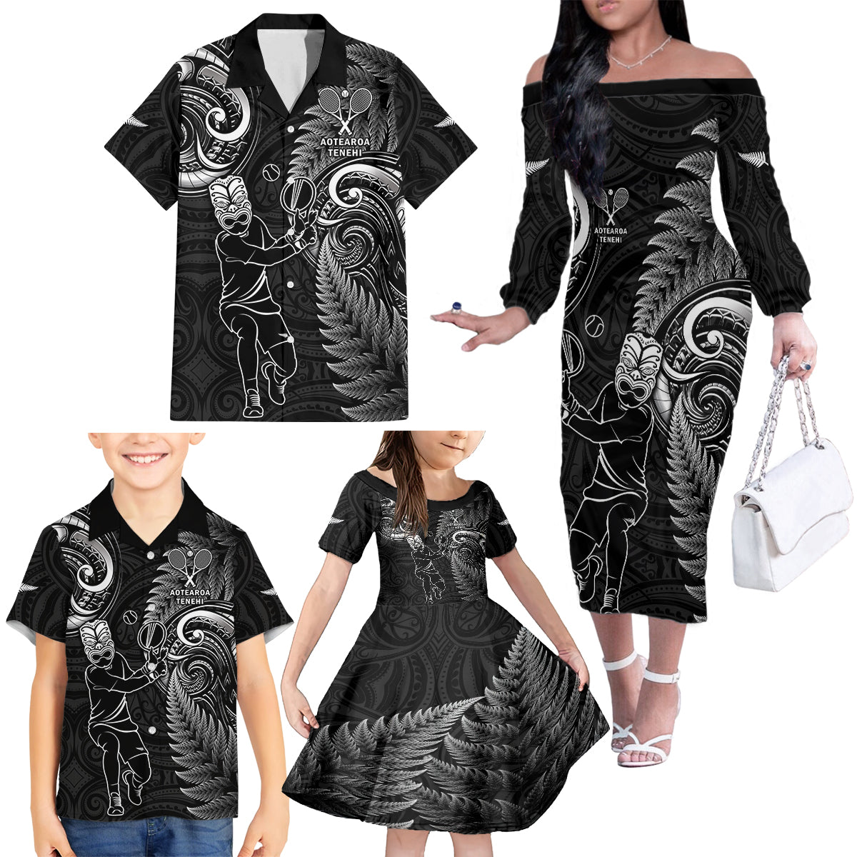 New Zealand Tiki Tennis Family Matching Off Shoulder Long Sleeve Dress and Hawaiian Shirt 2024 Aotearoa Tenehi Maori Silver Fern - Black LT14 - Polynesian Pride