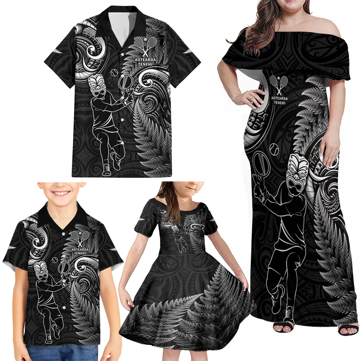 New Zealand Tiki Tennis Family Matching Off Shoulder Maxi Dress and Hawaiian Shirt 2024 Aotearoa Tenehi Maori Silver Fern - Black LT14 - Polynesian Pride