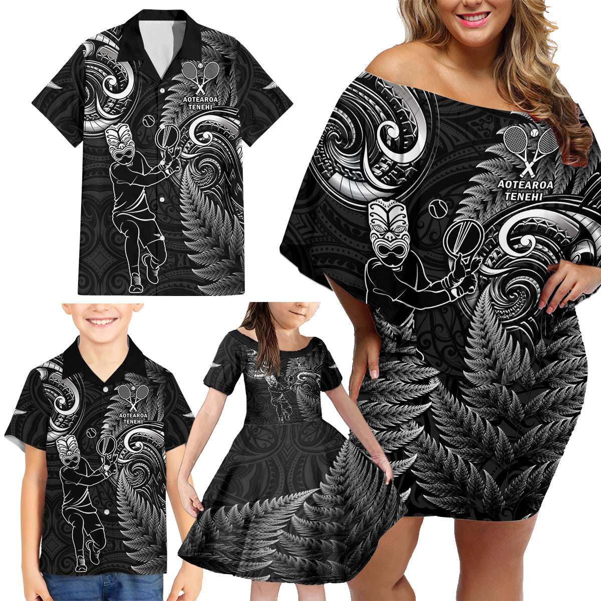 New Zealand Tiki Tennis Family Matching Off Shoulder Short Dress and Hawaiian Shirt 2024 Aotearoa Tenehi Maori Silver Fern - Black LT14 - Polynesian Pride