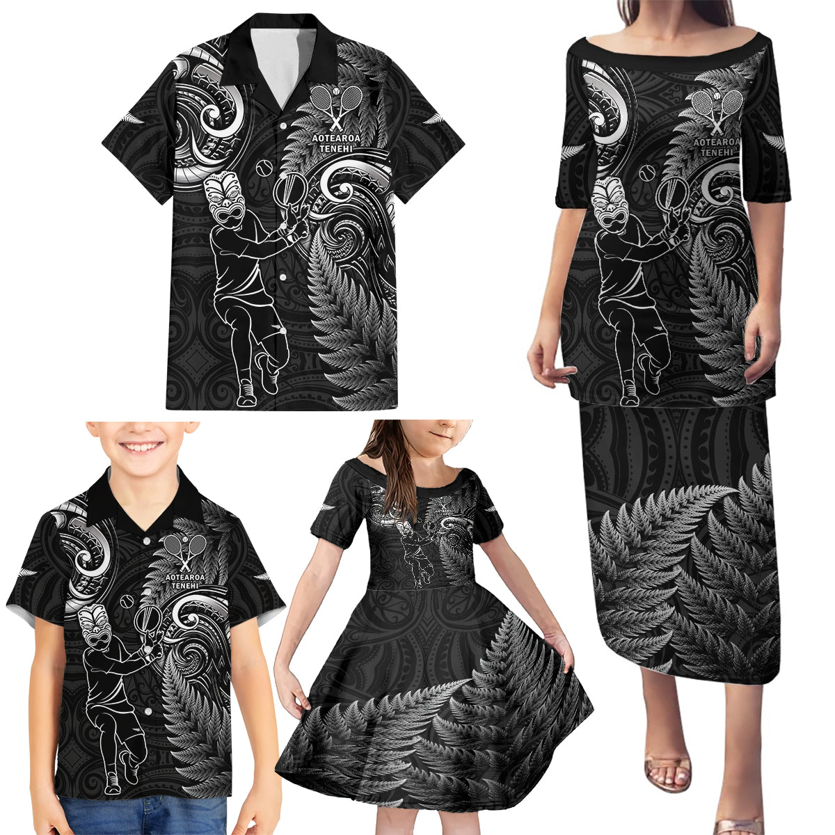 New Zealand Tiki Tennis Family Matching Puletasi and Hawaiian Shirt 2024 Aotearoa Tenehi Maori Silver Fern - Black LT14 - Polynesian Pride