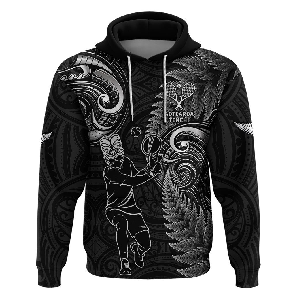 New Zealand Tiki Tennis Hoodie 2024 Aotearoa Tenehi Maori Silver Fern - Black LT14 Pullover Hoodie Black - Polynesian Pride