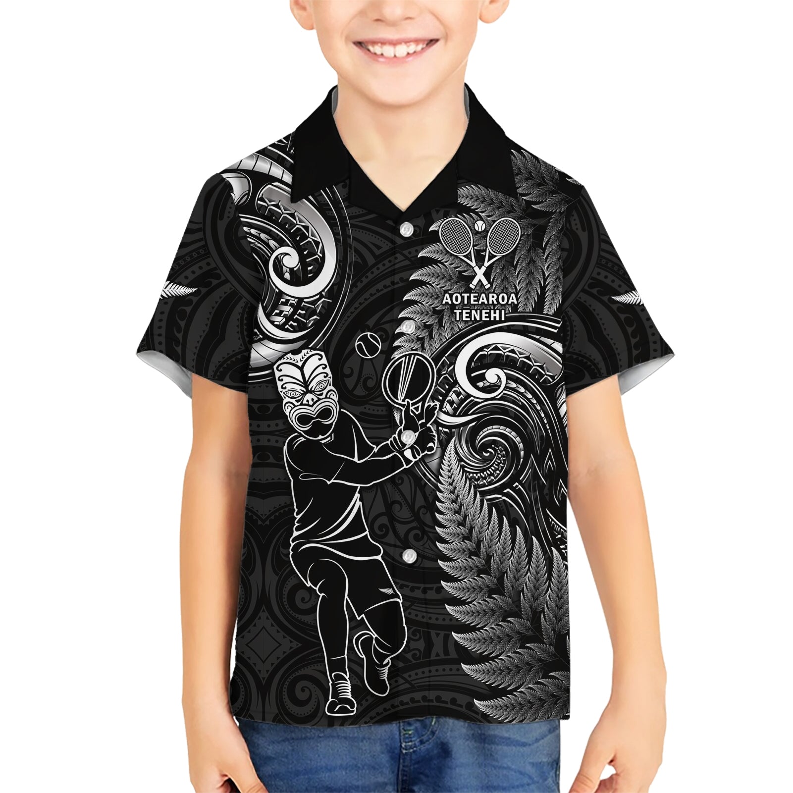 New Zealand Tiki Tennis Kid Hawaiian Shirt 2024 Aotearoa Tenehi Maori Silver Fern - Black LT14 Kid Black - Polynesian Pride