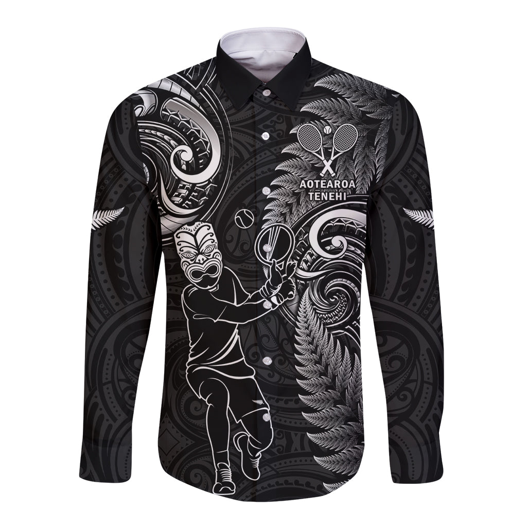 New Zealand Tiki Tennis Long Sleeve Button Shirt 2024 Aotearoa Tenehi Maori Silver Fern - Black LT14 Unisex Black - Polynesian Pride