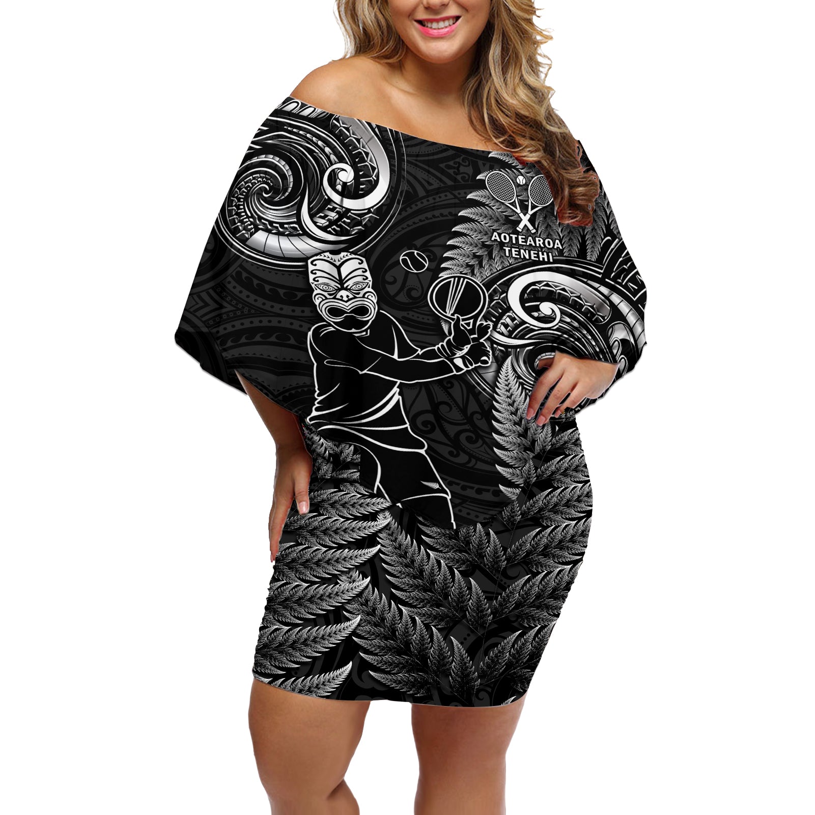 New Zealand Tiki Tennis Off Shoulder Short Dress 2024 Aotearoa Tenehi Maori Silver Fern - Black LT14 Women Black - Polynesian Pride