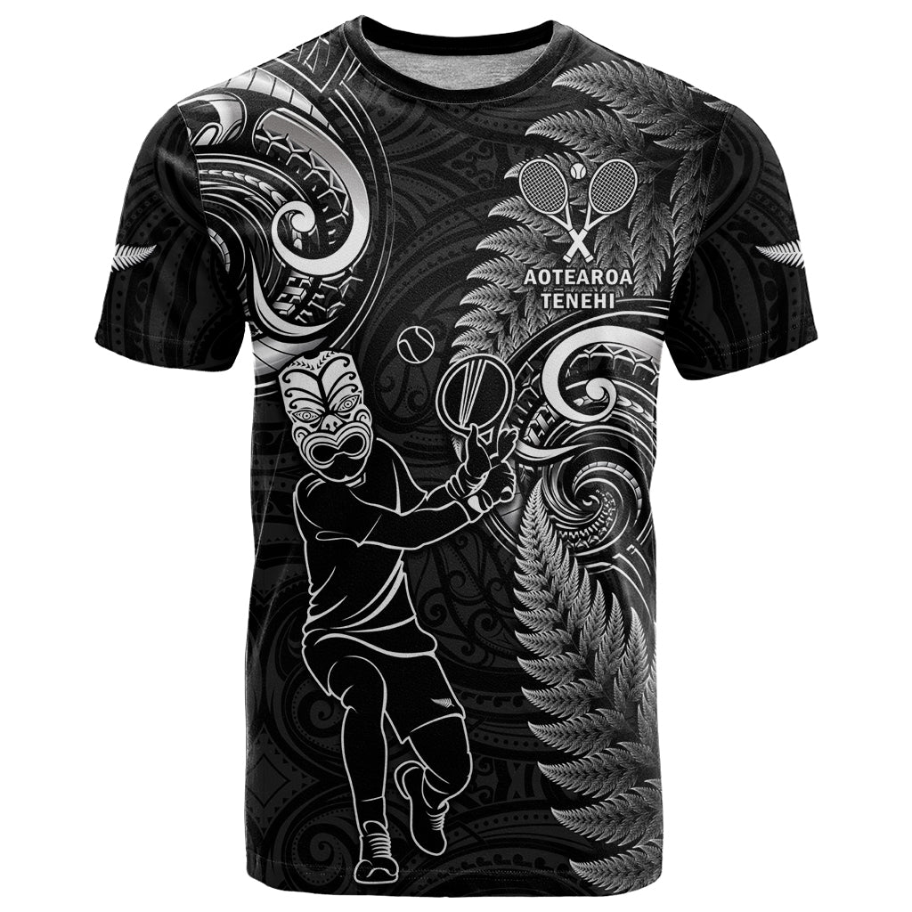 New Zealand Tiki Tennis T Shirt 2024 Aotearoa Tenehi Maori Silver Fern - Black LT14 Black - Polynesian Pride