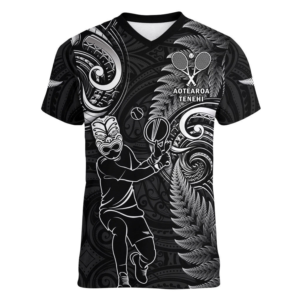 New Zealand Tiki Tennis Women V Neck T Shirt 2024 Aotearoa Tenehi Maori Silver Fern - Black LT14 Female Black - Polynesian Pride