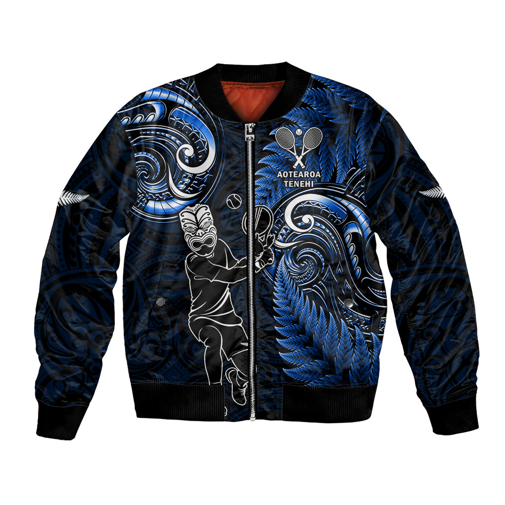 New Zealand Tiki Tennis Bomber Jacket 2024 Aotearoa Tenehi Maori Silver Fern - Blue LT14 Unisex Blue - Polynesian Pride