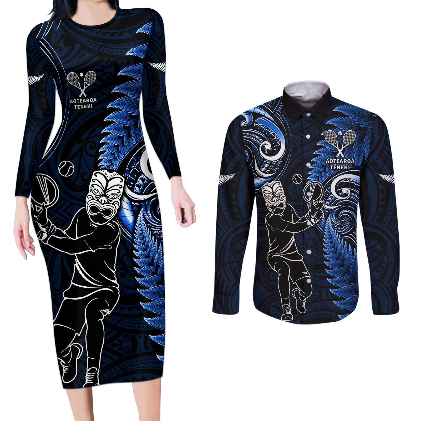 New Zealand Tiki Tennis Couples Matching Long Sleeve Bodycon Dress and Long Sleeve Button Shirt 2024 Aotearoa Tenehi Maori Silver Fern - Blue LT14 Blue - Polynesian Pride