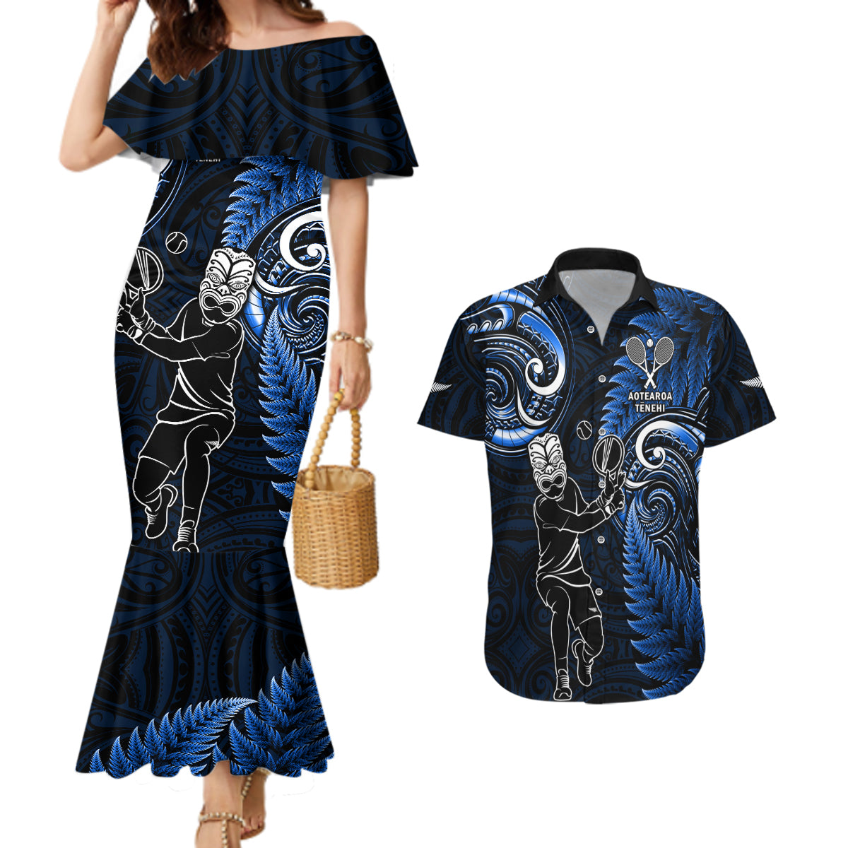 New Zealand Tiki Tennis Couples Matching Mermaid Dress and Hawaiian Shirt 2024 Aotearoa Tenehi Maori Silver Fern - Blue LT14 Blue - Polynesian Pride