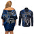 New Zealand Tiki Tennis Couples Matching Off Shoulder Short Dress and Long Sleeve Button Shirt 2024 Aotearoa Tenehi Maori Silver Fern - Blue LT14 - Polynesian Pride