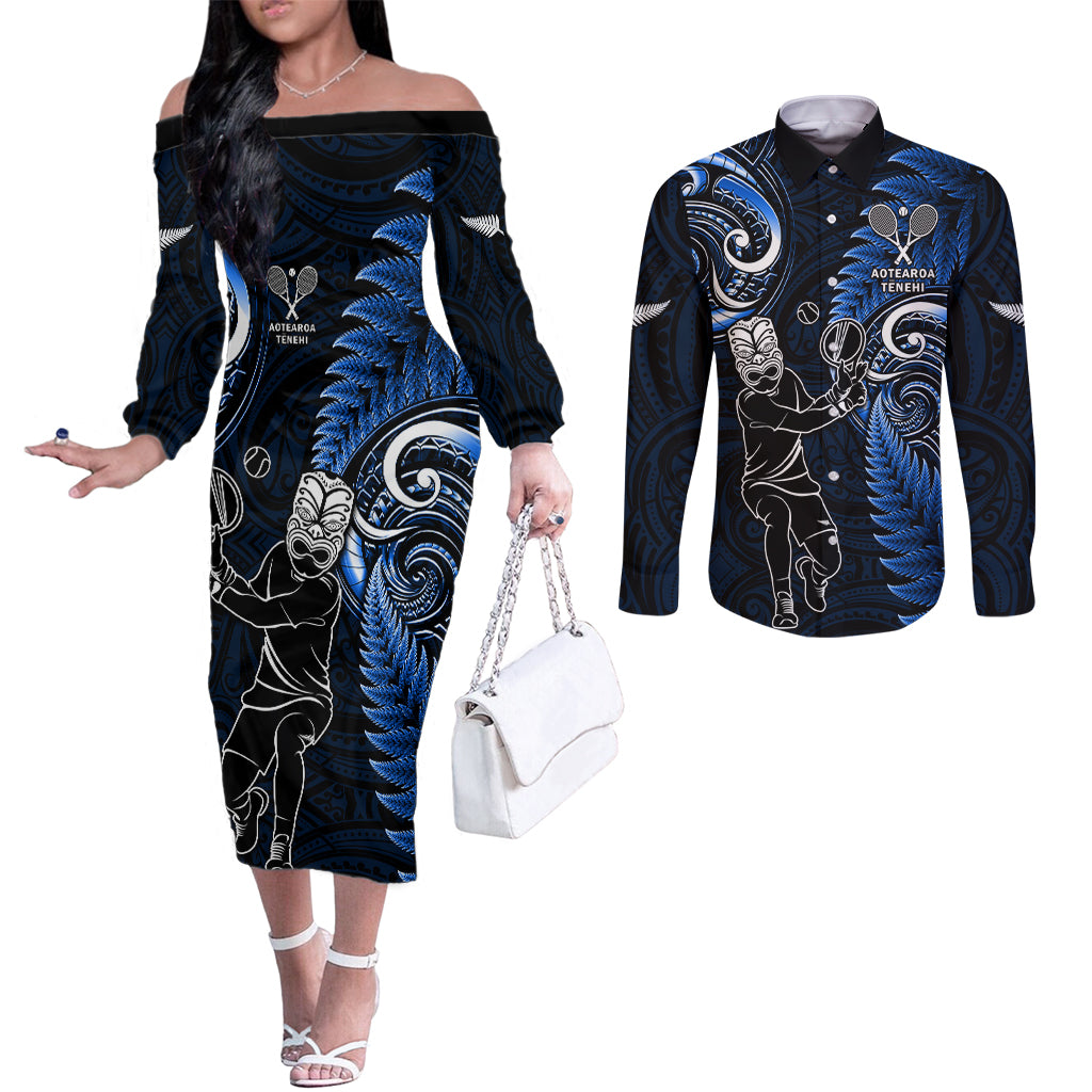 New Zealand Tiki Tennis Couples Matching Off The Shoulder Long Sleeve Dress and Long Sleeve Button Shirt 2024 Aotearoa Tenehi Maori Silver Fern - Blue LT14 Blue - Polynesian Pride