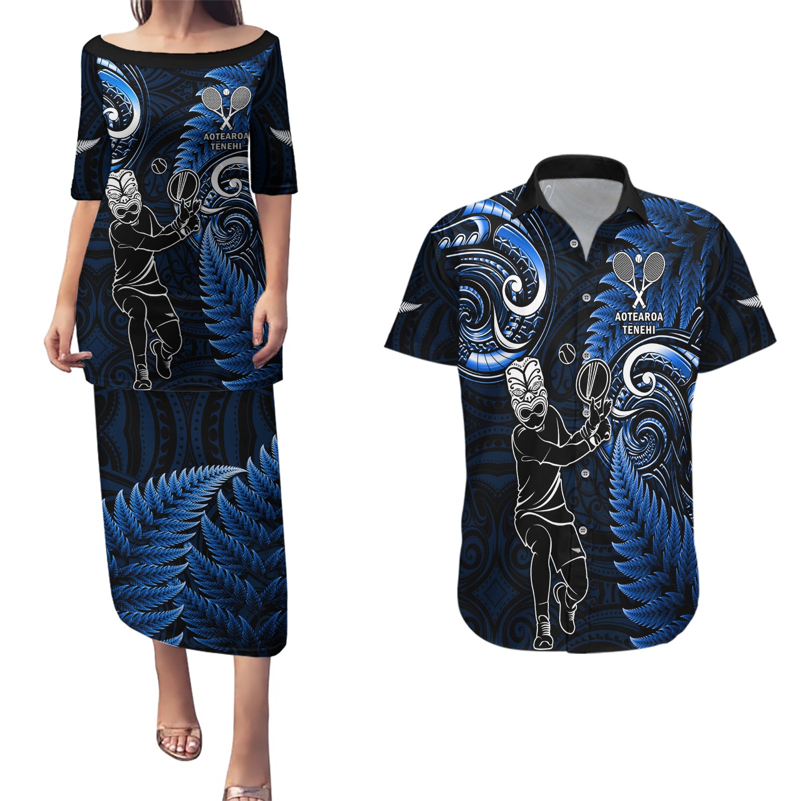 New Zealand Tiki Tennis Couples Matching Puletasi and Hawaiian Shirt 2024 Aotearoa Tenehi Maori Silver Fern - Blue LT14 Blue - Polynesian Pride