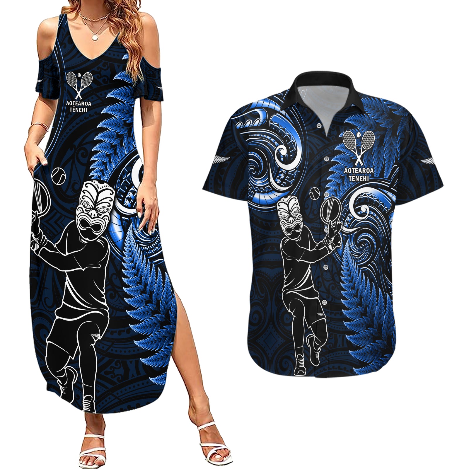 New Zealand Tiki Tennis Couples Matching Summer Maxi Dress and Hawaiian Shirt 2024 Aotearoa Tenehi Maori Silver Fern - Blue LT14 Blue - Polynesian Pride