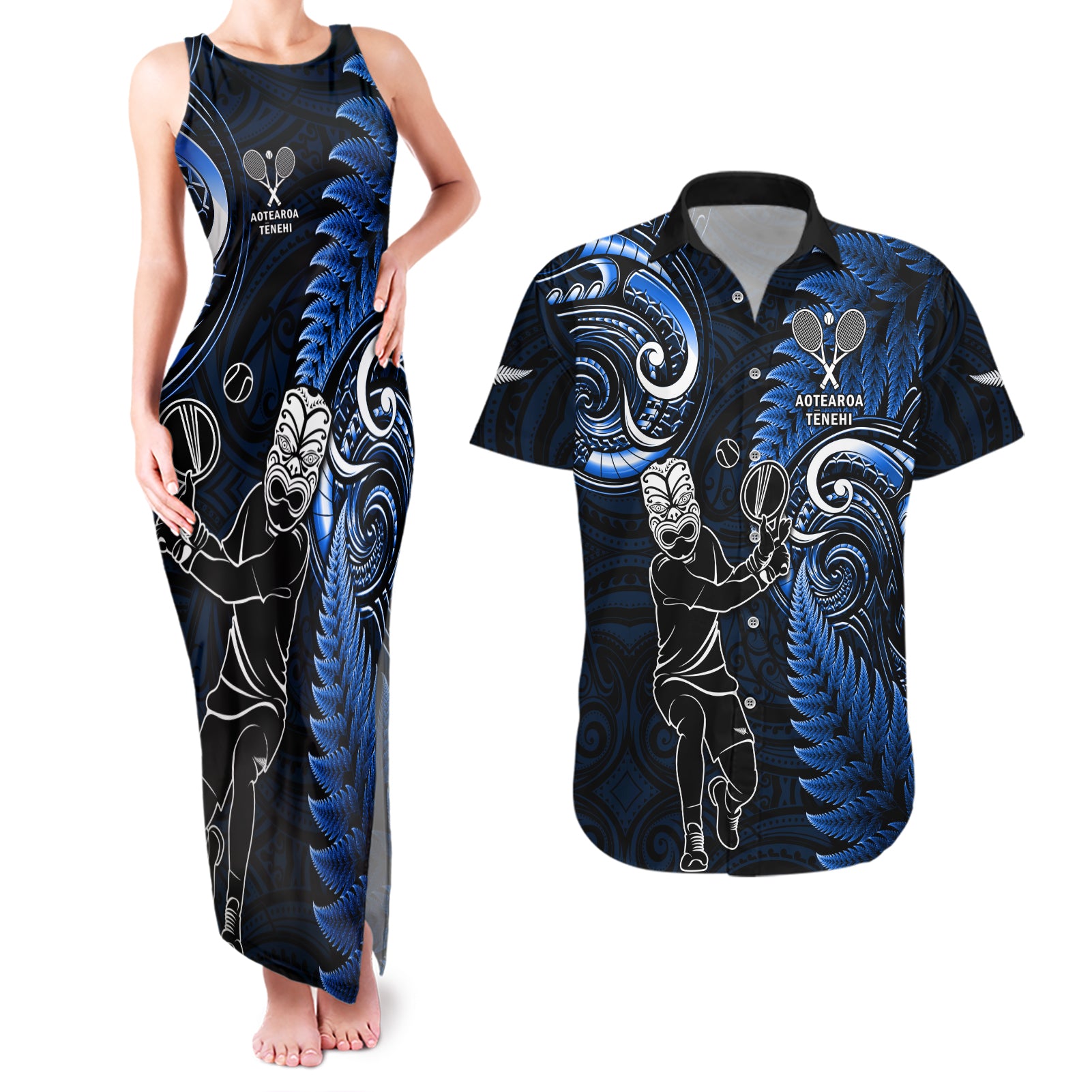 New Zealand Tiki Tennis Couples Matching Tank Maxi Dress and Hawaiian Shirt 2024 Aotearoa Tenehi Maori Silver Fern - Blue LT14 Blue - Polynesian Pride