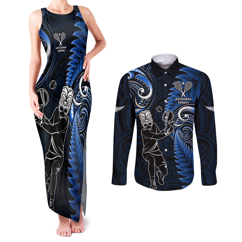 New Zealand Tiki Tennis Couples Matching Tank Maxi Dress and Long Sleeve Button Shirt 2024 Aotearoa Tenehi Maori Silver Fern - Blue LT14 Blue - Polynesian Pride