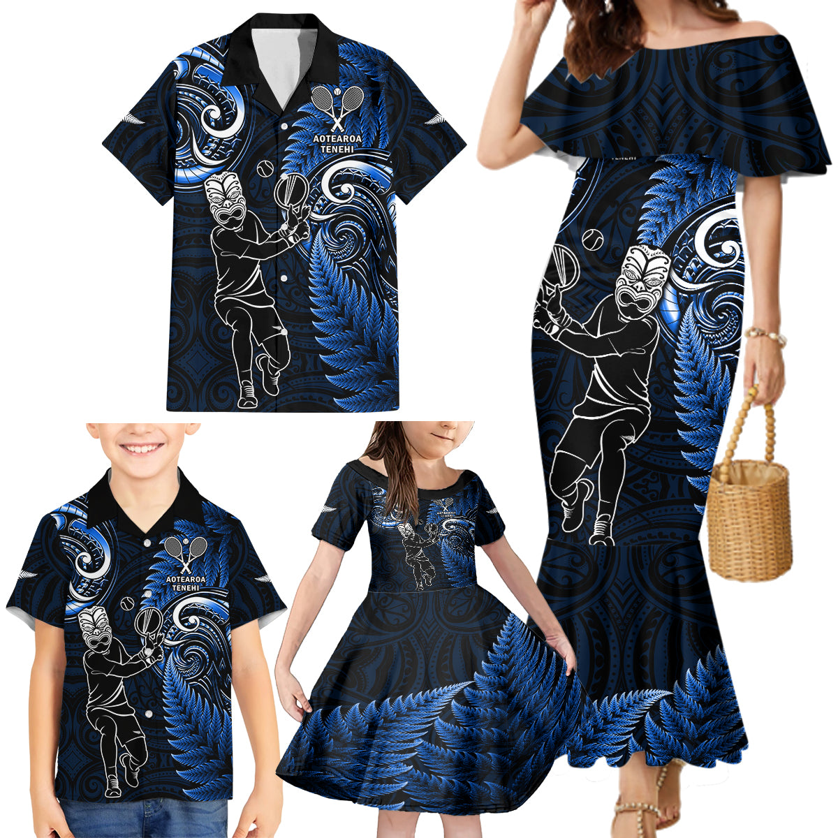 New Zealand Tiki Tennis Family Matching Mermaid Dress and Hawaiian Shirt 2024 Aotearoa Tenehi Maori Silver Fern - Blue LT14 - Polynesian Pride